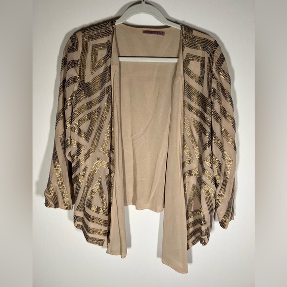 Calypso St. Barth beige gold sequin embroidered chevron silk open cardigan sz L - Picture 1 of 8